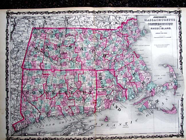 Johnson's Map of Massachusetts, Connecticut and Rhode Island published in 1860.